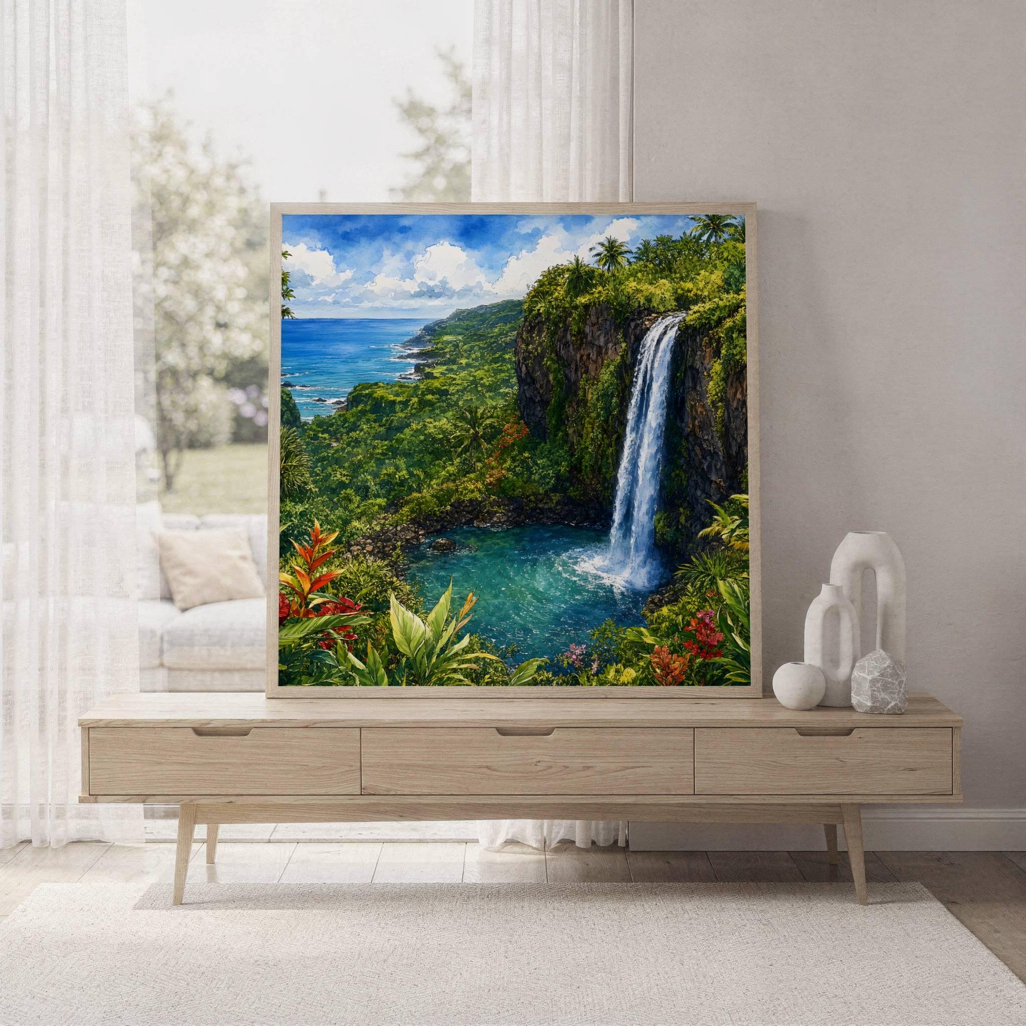 Maui Road to Hana Waterfall Hawaii Watercolor Print: USA Travel Art Poster - Image 7