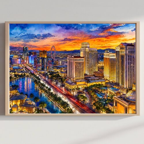 Las Vegas Strip Dusk Skyline Nevada Watercolor Print: USA Travel Art Poster