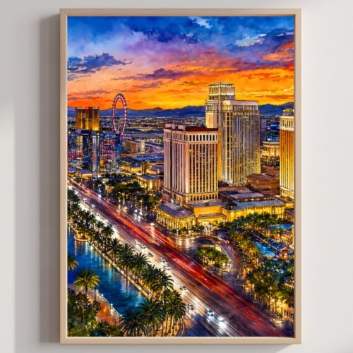 Las Vegas Strip Nevada Watercolor Print: USA Travel Art Poster