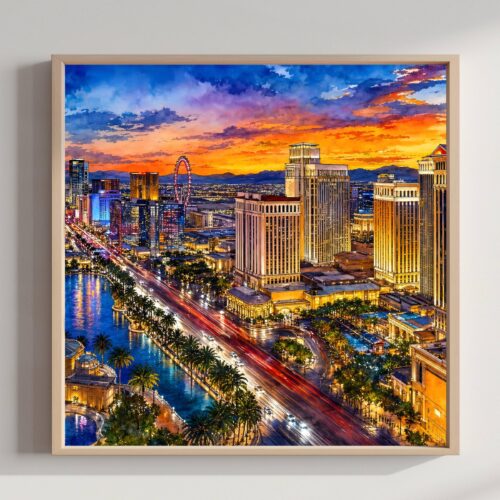 Las Vegas Strip Dusk Skyline Nevada Watercolor Print: USA Travel Art Poster
