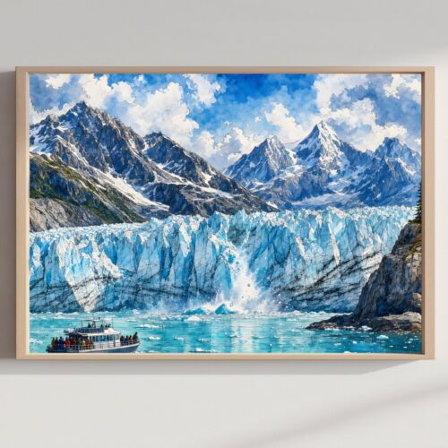 Kenai Fjords Glacier National Park Alaska Watercolor Print:  USA Travel Art Poster