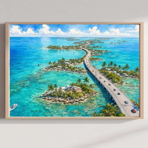 Florida Keys Overseas Highway Watercolor Print: USA Travel Art Poster