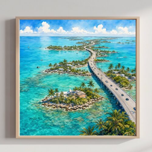 Florida Keys Overseas Highway Watercolor Print: Aerial USA Travel Art Poster