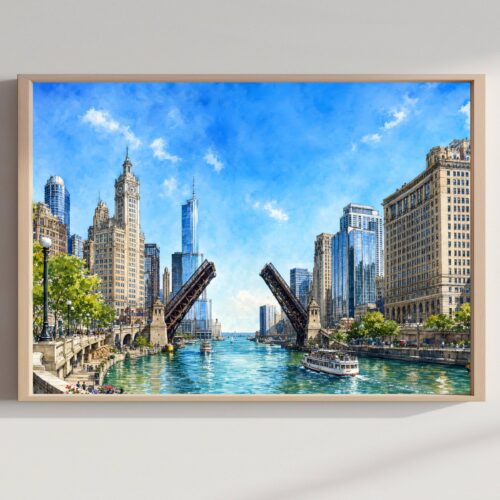Chicago Illinois River Drawbridge Watercolor Print: USA Travel Art Poster