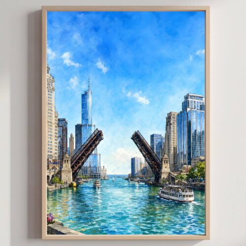 Chicago Illinois Watercolor Print: River Drawbridge USA Travel Art Poster