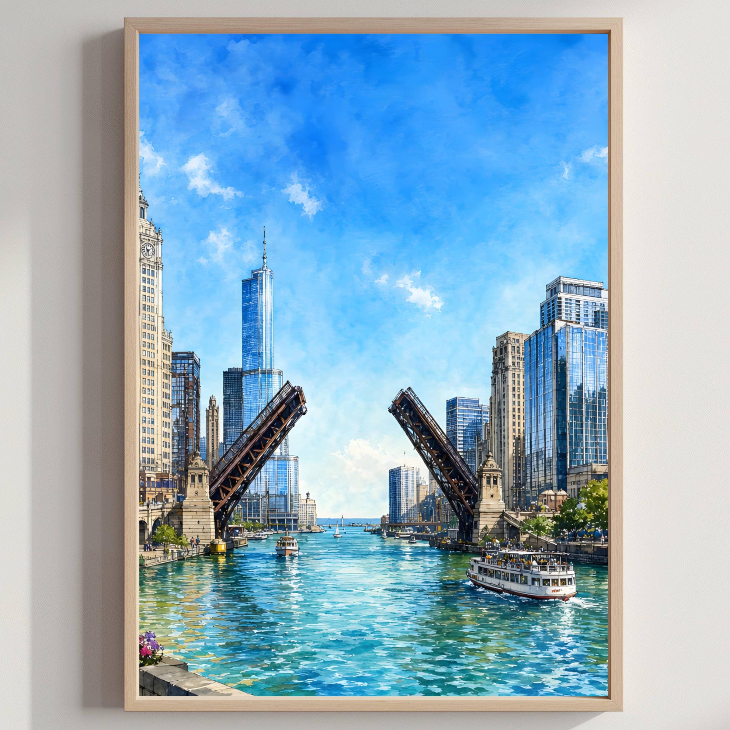 Chicago Illinois Watercolor Print: River Drawbridge USA Travel Art Poster