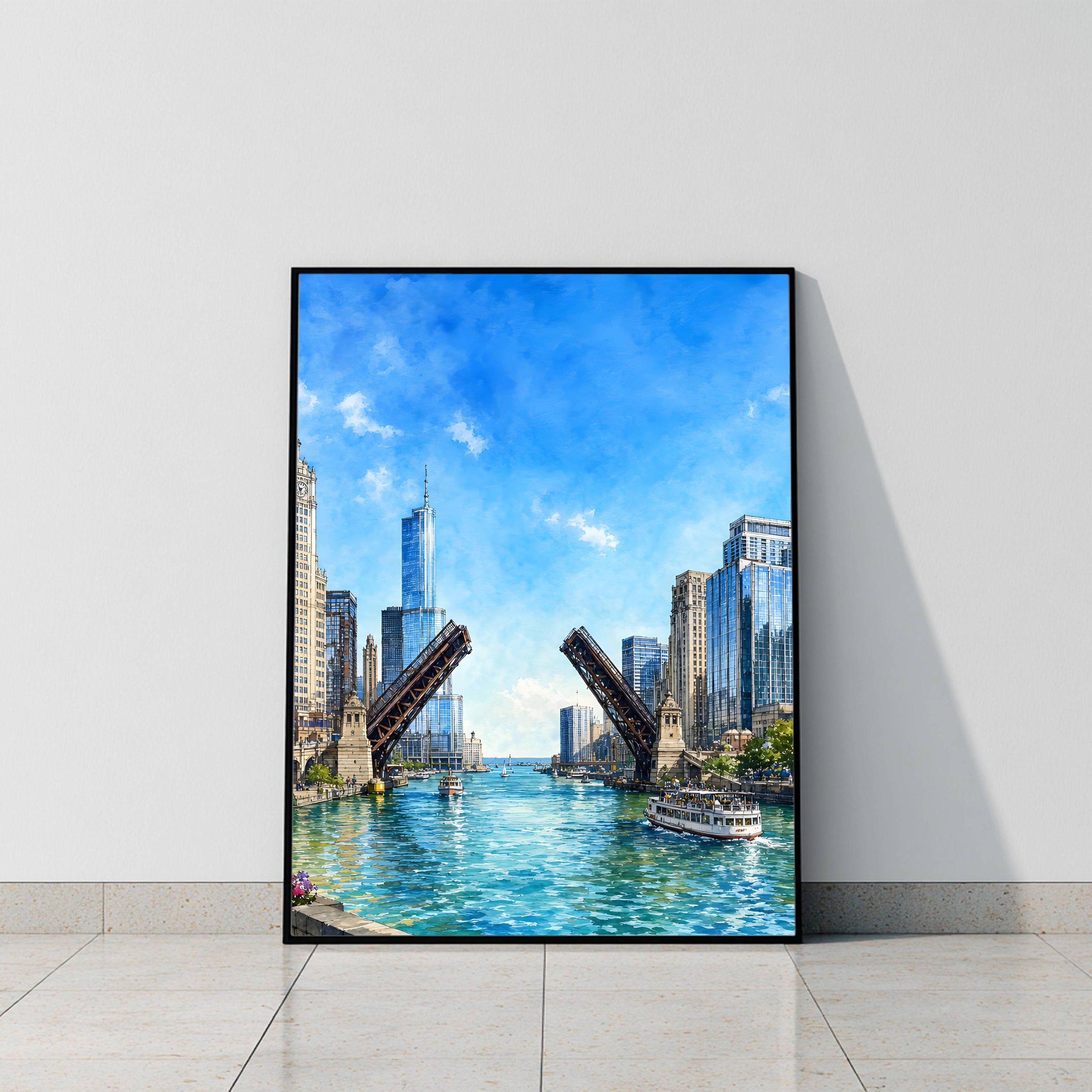 Chicago Illinois Watercolor Print: River Drawbridge USA Travel Art Poster - Image 6
