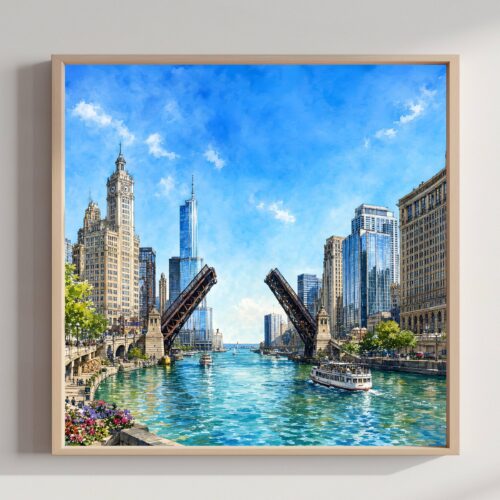 Chicago Illinois River Drawbridge Watercolor Print: USA Travel Art Poster
