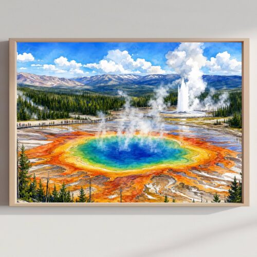 Yellowstone Grand Prismatic Wyoming Watercolor Print: National Park Travel Art Poster