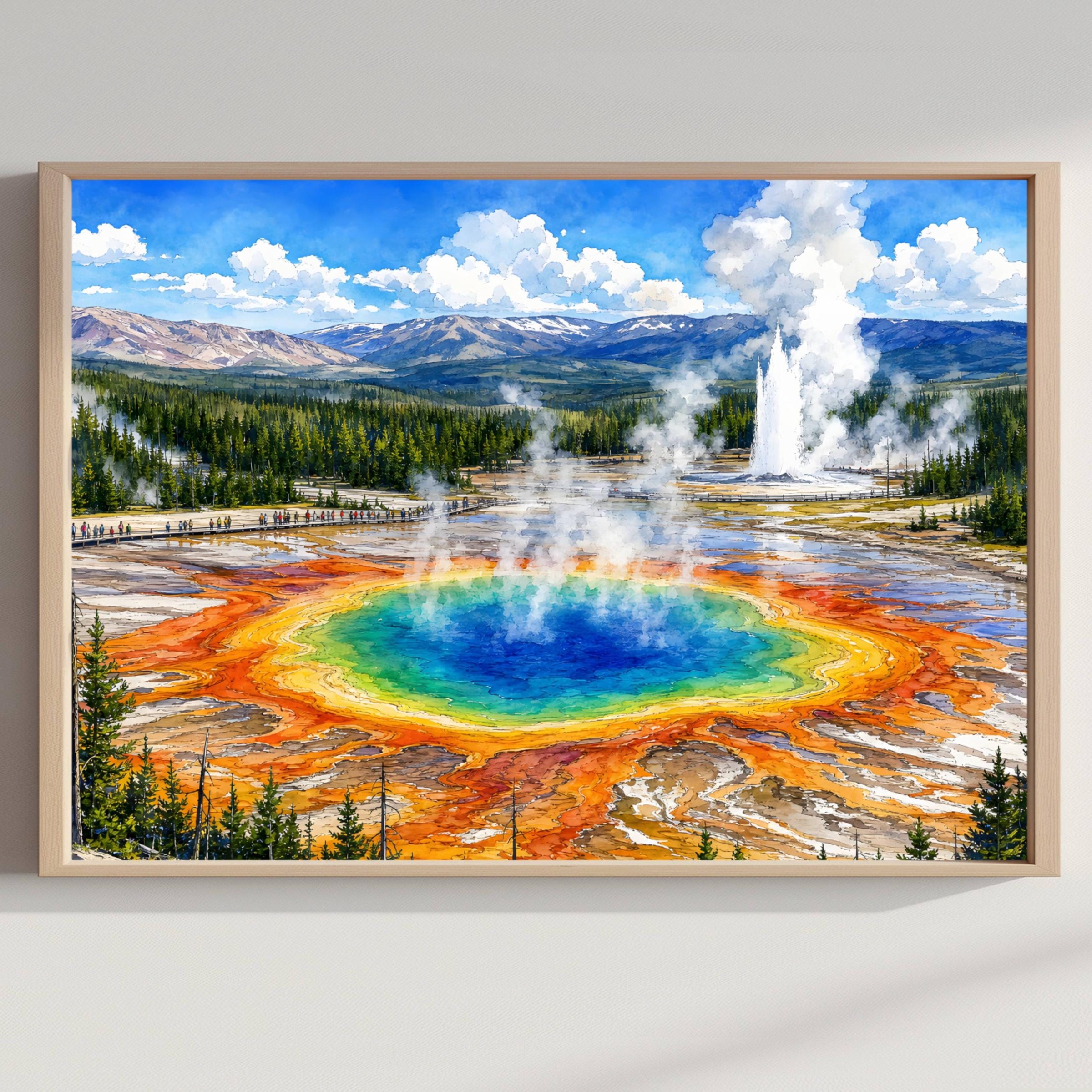 Yellowstone Grand Prismatic Wyoming Watercolor Print: National Park Travel Art Poster