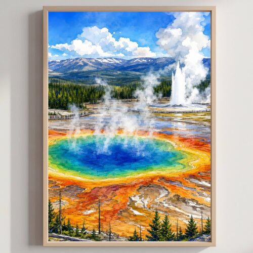 Grand Prismatic Spring Yellowstone National Park Wyoming Watercolor Print: USA Travel Art Poster