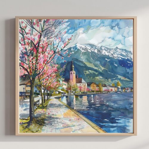 Zell am See Austria Watercolor Print: Square Travel Art Poster