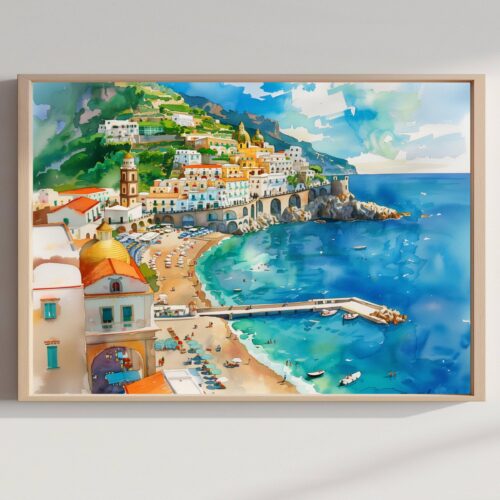 Amalfi Coast Italy Watercolor Print: Europe Travel Art Poster