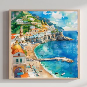 Amalfi Coast Italy Watercolor Print: Square Travel Art Poster