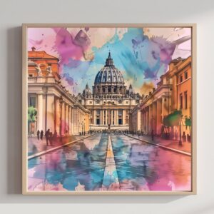 St Peter's Basilica Vatican City Watercolor Print: Square Travel Art Poster
