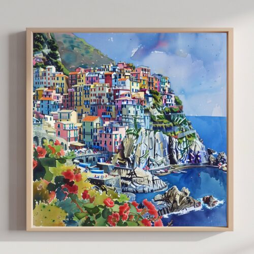 Cinque Terre Italy Watercolor Print: Square Travel Art Poster