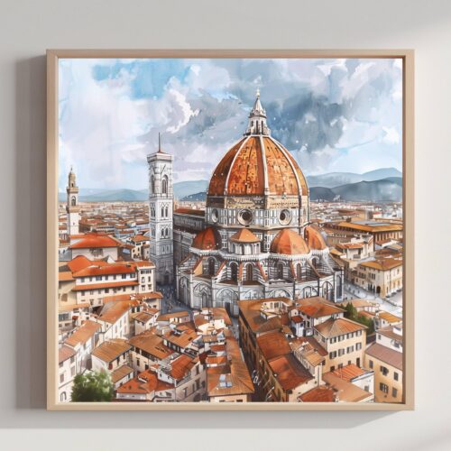 Duomo Santa Maria del Fiore Florence Italy Watercolor Print: Square Travel Art Poster