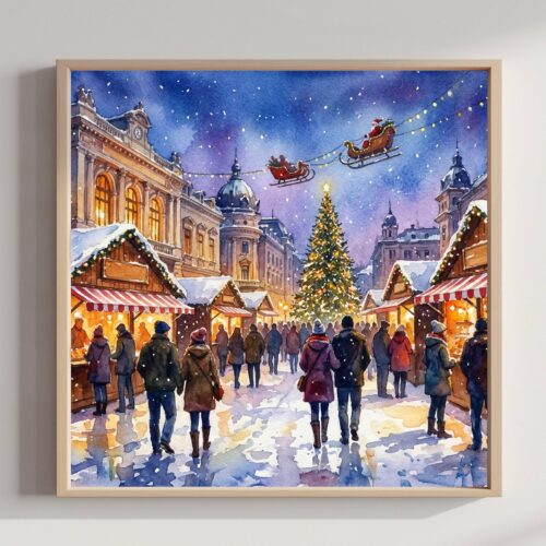 Craiova Romania Christmas Market Watercolor Print: Square Christmas Travel Art Poster