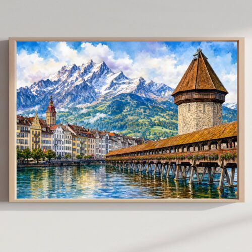Lucerne Chapel Bridge Swiss Alps Switzerland Europe Watercolor Print: Vacation Travel Art Poster