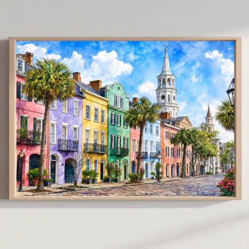 Charleston Rainbow Row South Carolina Watercolor Print: USA Travel Art Poster