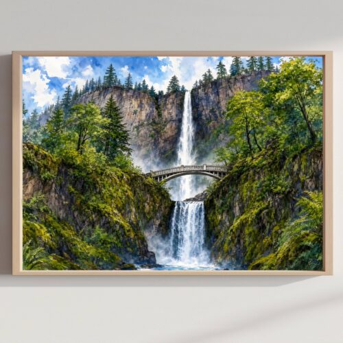 Multnomah Falls Benson Bridge Oregon Watercolor Print: USA Travel Art Poster