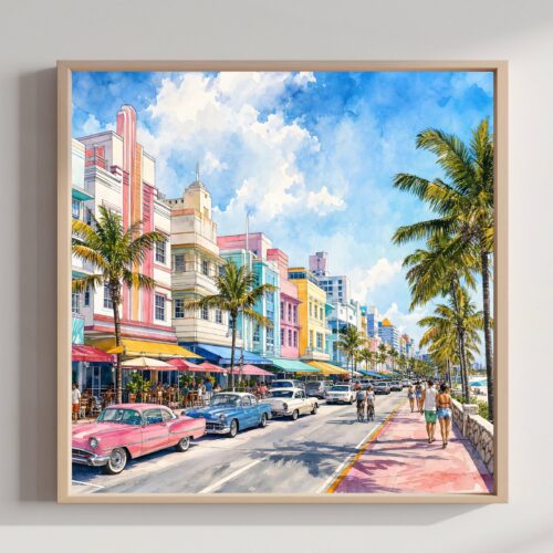 Miami South Beach Florida Watercolor Print: USA Travel Art Poster